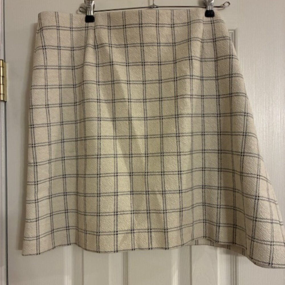J Jill Women's Cotton Blend Cream Blue Plaid Pull on Aline Knee Skirt Size XLP